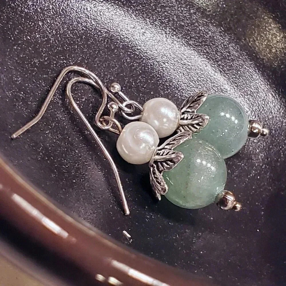 Handcrafted Malaysia Jade Gemstone White Faux Pearl Silver Dangle Earrings - Picture 7 of 9